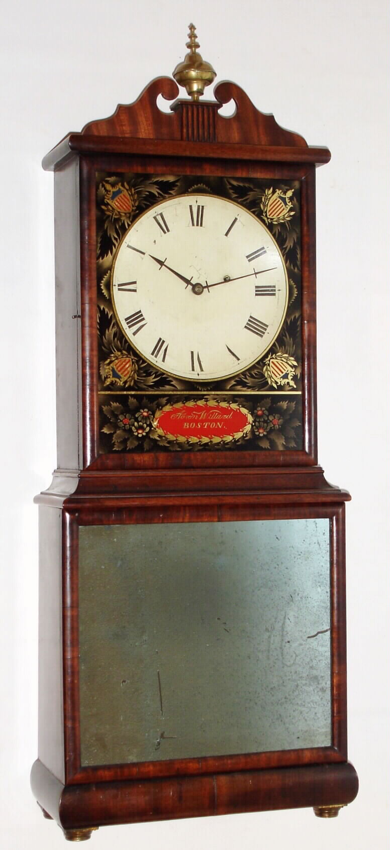 Aaron Willard, Boston, Mass., "Massachusetts Shelf Clock" 8 day weight driven movement in mahogany case with reverse painted tablet surrounding dial, c1820 — Antique Clocks Price Guide