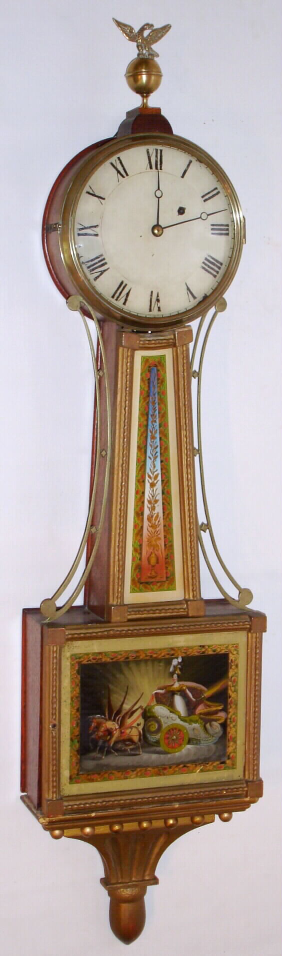 Attributed to Lemuel Curtis, Concord, Mass., presentation patent or banjo timepiece with 8 day time only weight driven movement in mahogany case, c1815 — Antique Clocks Price Guide