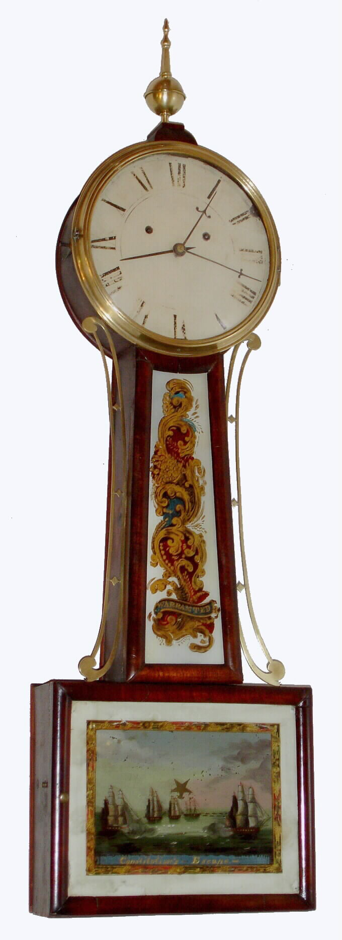 Unknown, possibly New Hampshire, patent or banjo timepiece, 8 day time weight driven movement in mahogany case with weight alarm with reverse painted tablets and painted metal dial, c1825 — Antique Clocks Price Guide