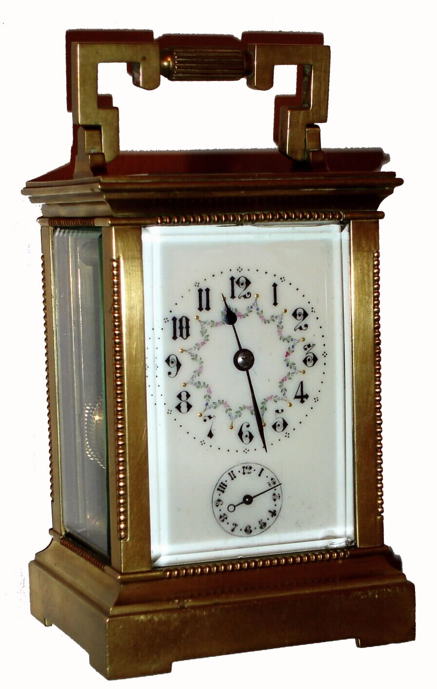 French, Brass Anglaise case, with beaded trim, lever movement carriage timepiece with alarm on bell, 8 day, c1900 — Antique Clocks Price Guide