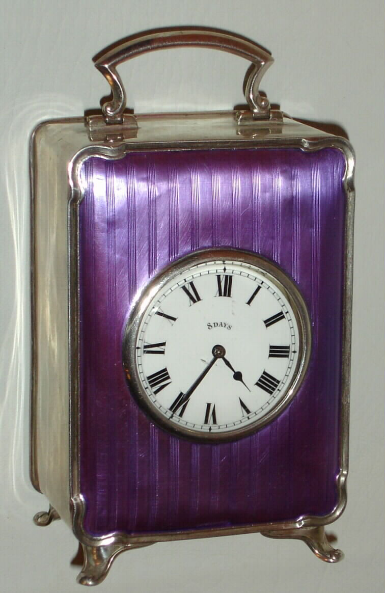 French, 8 day, guilloche violet enamel over embossed sterling silver case, lever movement travel or desk timepiece. c.1890 — Antique Clocks Price Guide
