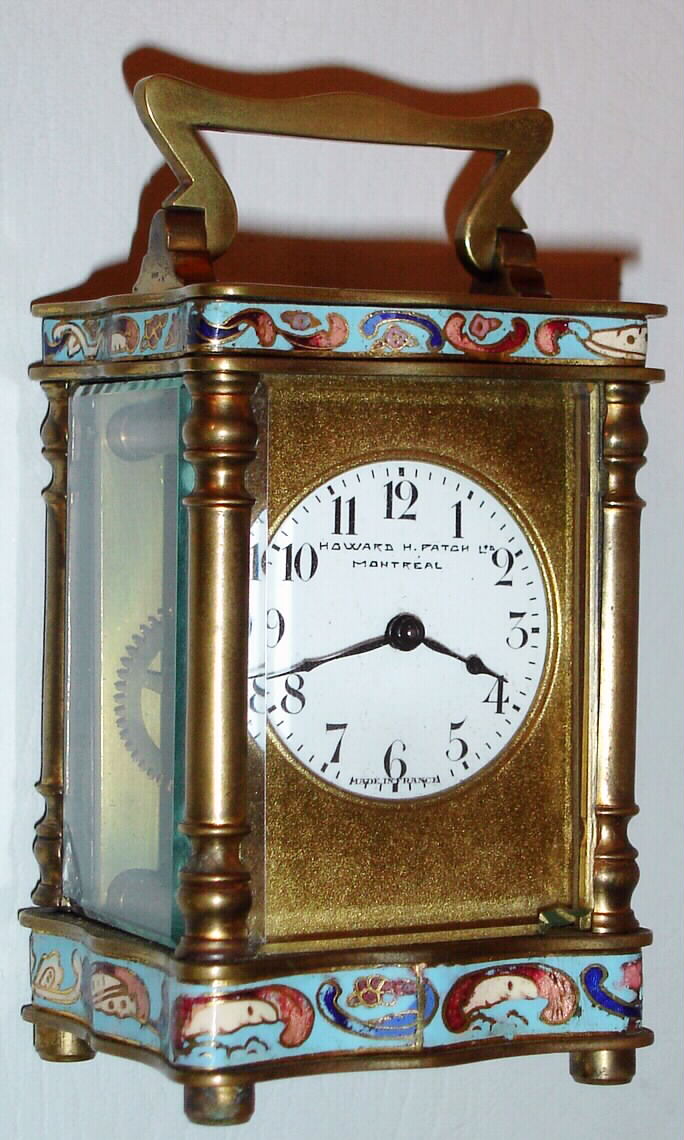 French, 8 day quarter column and cloisonne enamel miniature carriage timepiece with serpentine front retailed by Howard M.Patch Ltd., Montreal, c1900 — Antique Clocks Price Guide
