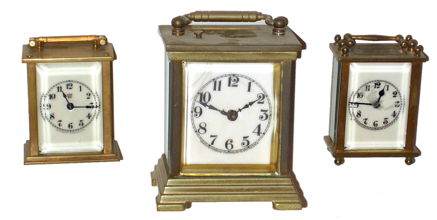 Three Waterbury gold-plated brass and glass 30-hour carriage clocks, c1910. — Antique Clocks Price Guide