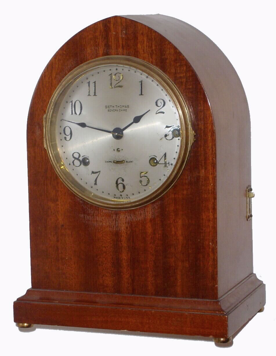 Seth Thomas Clock Co., Thomaston, Conn., "Sonora Chime Clock No. 14" 5 bell 8 day time, strike and chime spring driven mahogany mantel clock, c1911 — Antique Clocks Price Guide