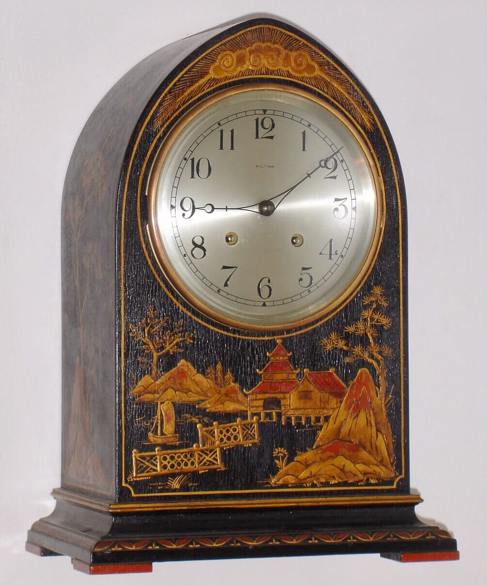 Waltham Clock Co., Waltham, Mass. Japanned 8 day time and strike spring driven mantel clock, c1925 — Antique Clocks Price Guide