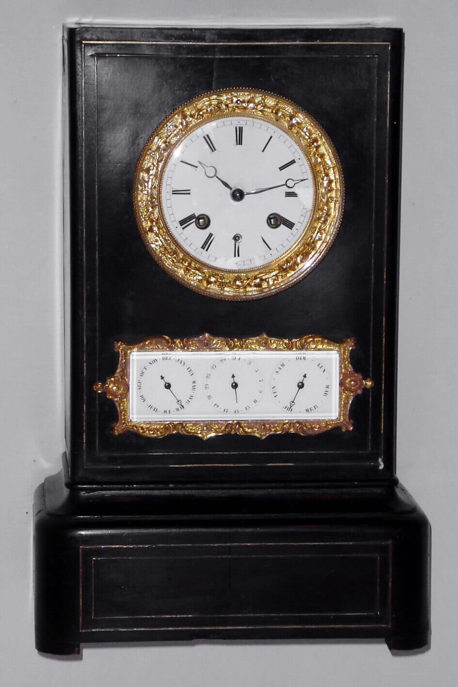 French 8 day time and strike calendar wooden mantel clock, c1890. — Antique Clocks Price Guide