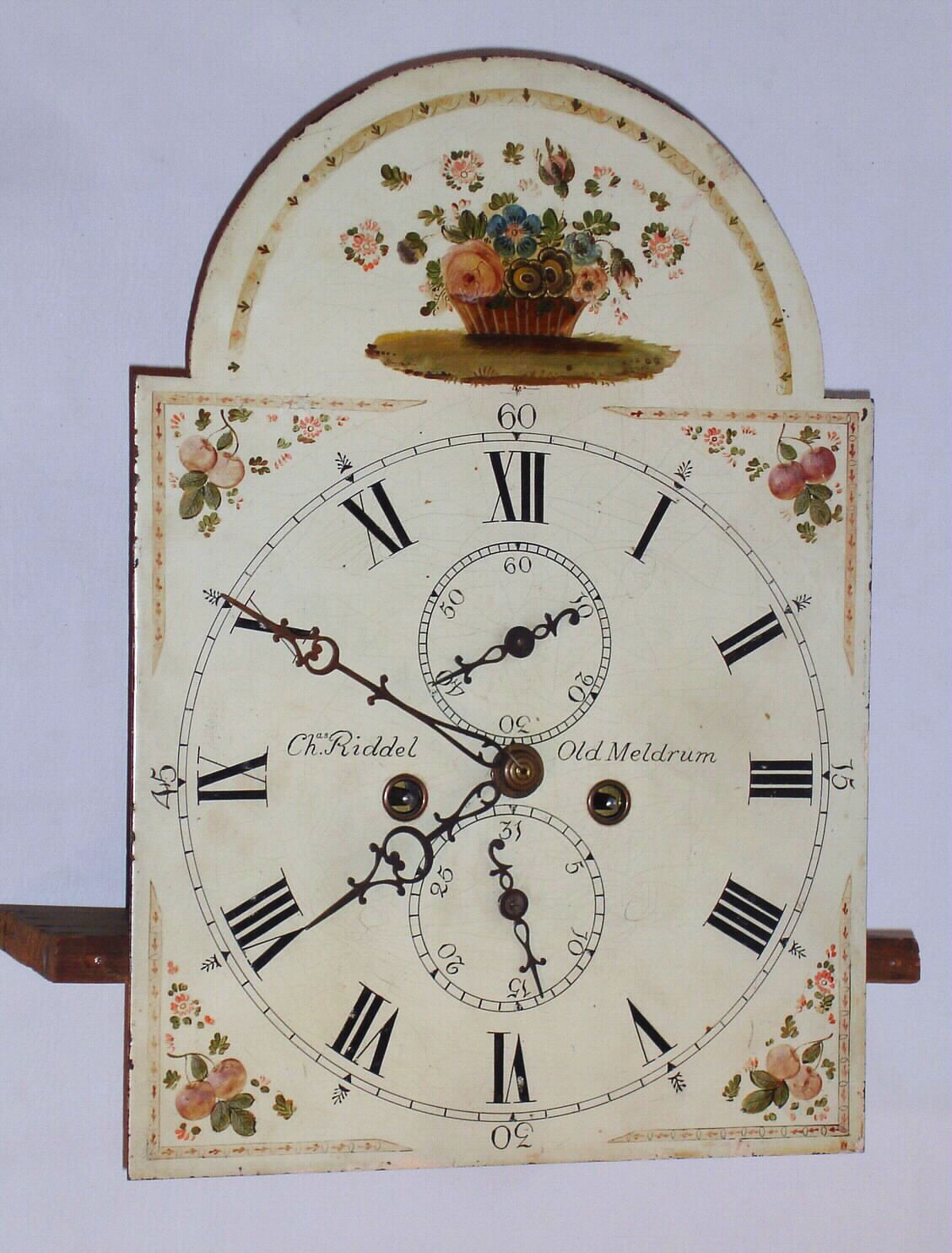 English white dial, 8 day time and strike movement and seat board, Ch.Riddel, Old Medrum, c1815 — Antique Clocks Price Guide