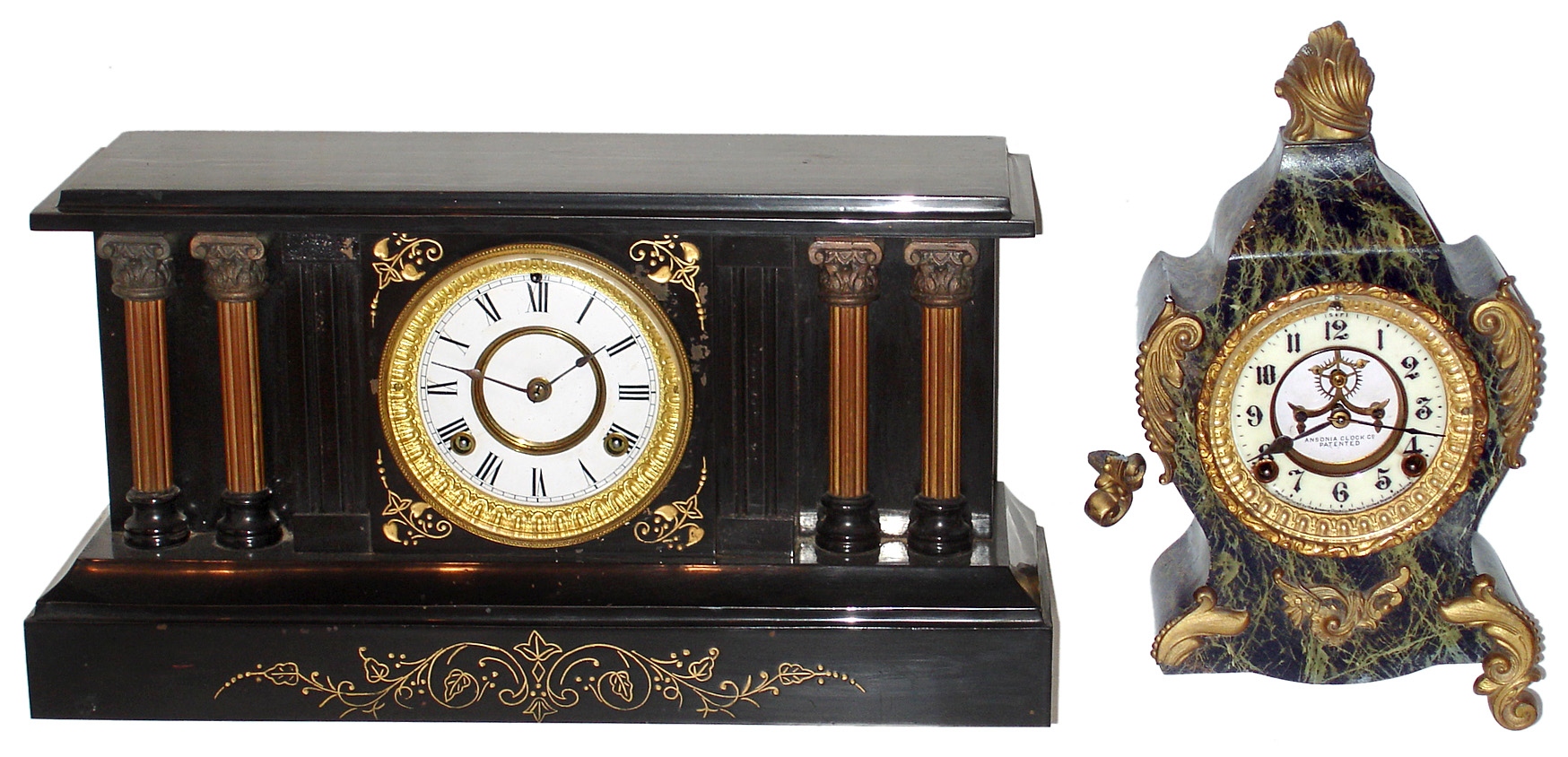 Two Connecticut enameled iron 8 day time and strike mantel clocks, Waterbury and Ansonia, c1900 — Antique Clocks Price Guide