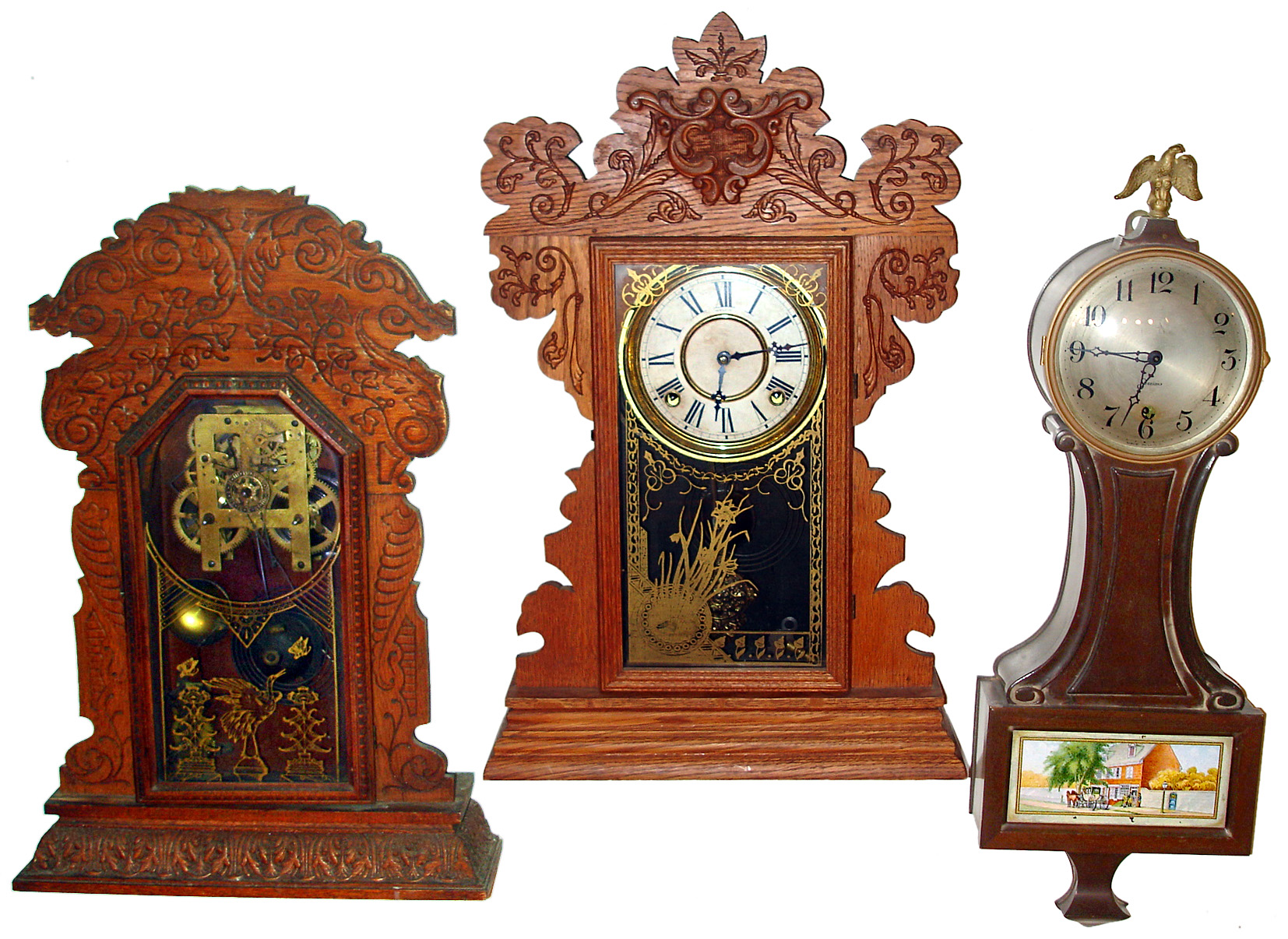 Four Connecticut 8 day wood case clocks; Welch, Sessions, Waterbury, New Haven. — Antique Clocks Price Guide