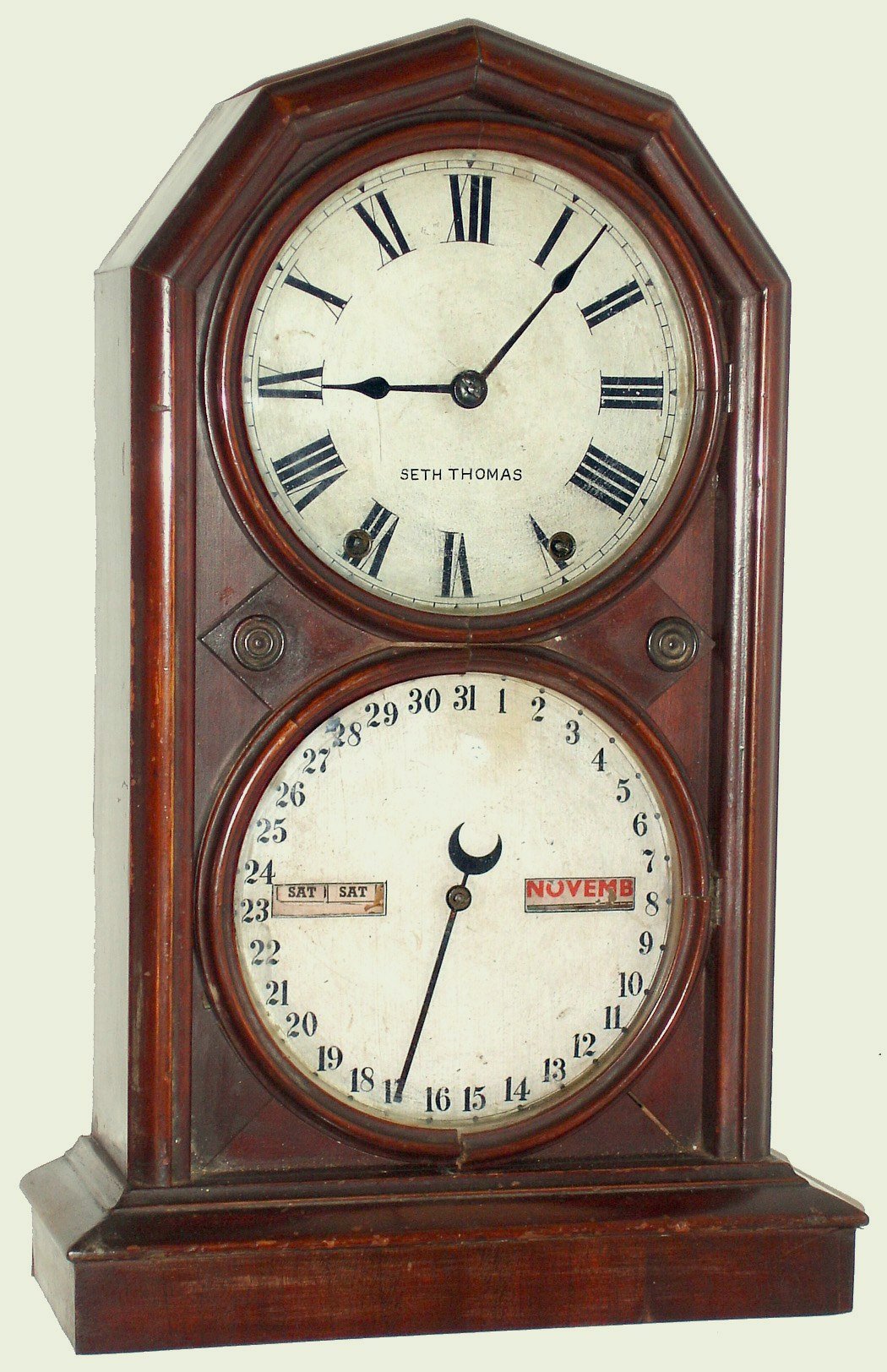 Seth Thomas Clock Co., Thomaston, Conn., "Parlor Calendar No. 5" walnut 8 day time and strike spring driven shelf clock, c1886 — Antique Clocks Price Guide