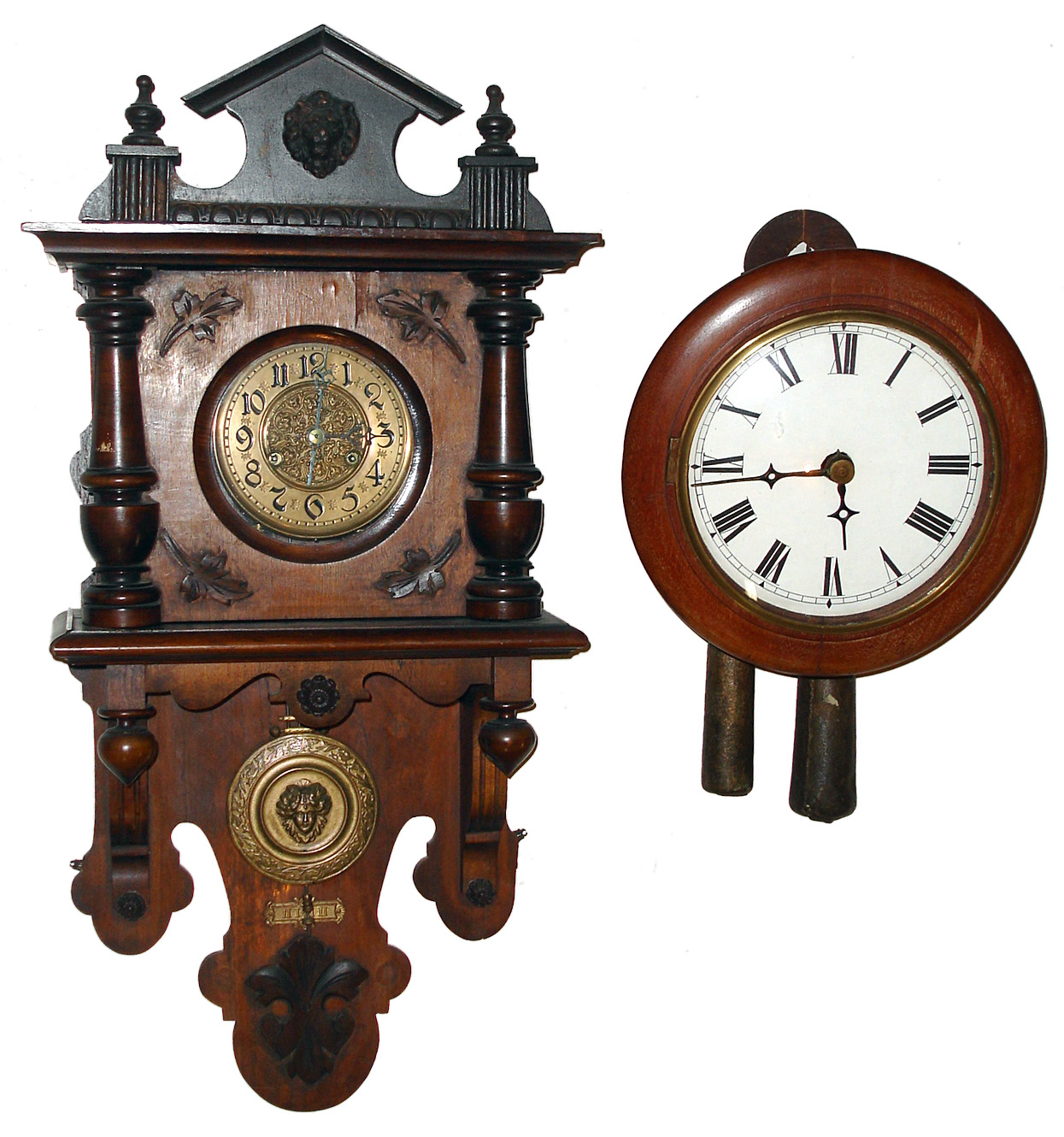 Two German walnut striking wall clocks, late 19th century. — Antique Clocks Price Guide