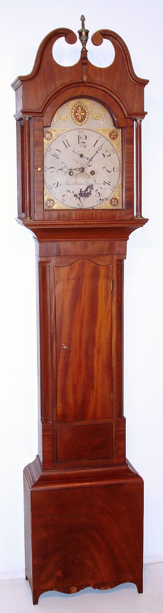 Aaron Brokaw, Bridgetown, New Jersey tall clock 8 day time and strike weight driven movement with unusual count wheel strike in mahogany and mahogany veneer case with rounded corner columns and typical New Jersey mid-panel and painted metal dial with date, c1795 — Antique Clocks Price Guide