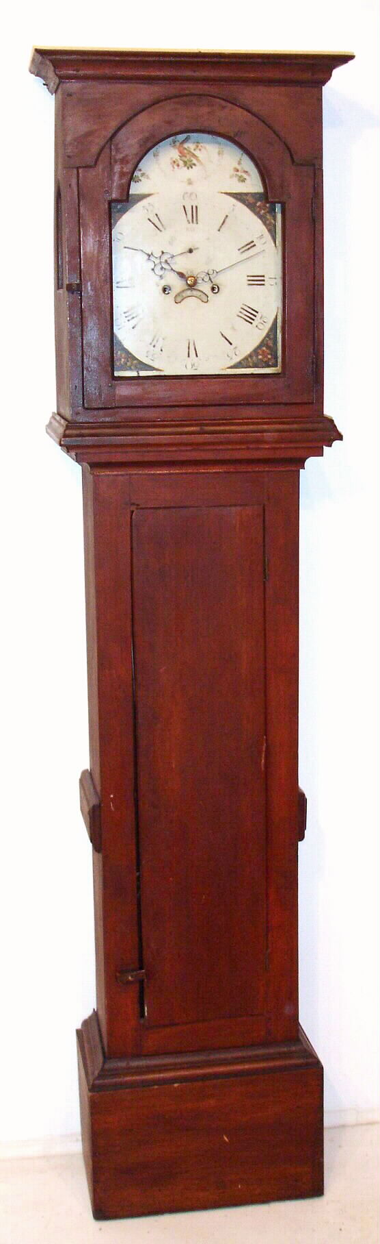 Unsigned Maine or New Hampshire tall clock 8 day time and strike weight driven movement in birch case with cut plinth and painted metal dial with date, c1810 — Antique Clocks Price Guide