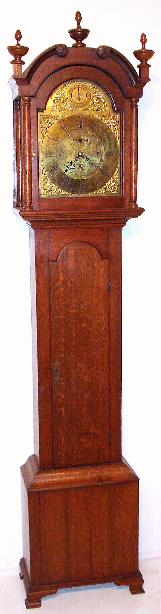 Wales and McCulloch, London, quarter chime tall clock, weight driven movement in an oak case with brass dial that has phoenix spandrels, chime / silent selector and second's bit, 8-day c1880 — Antique Clocks Price Guide