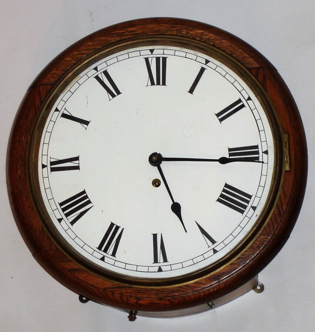 English round fusee 8 day time only spring driven oak station clock, c1900 — Antique Clocks Price Guide