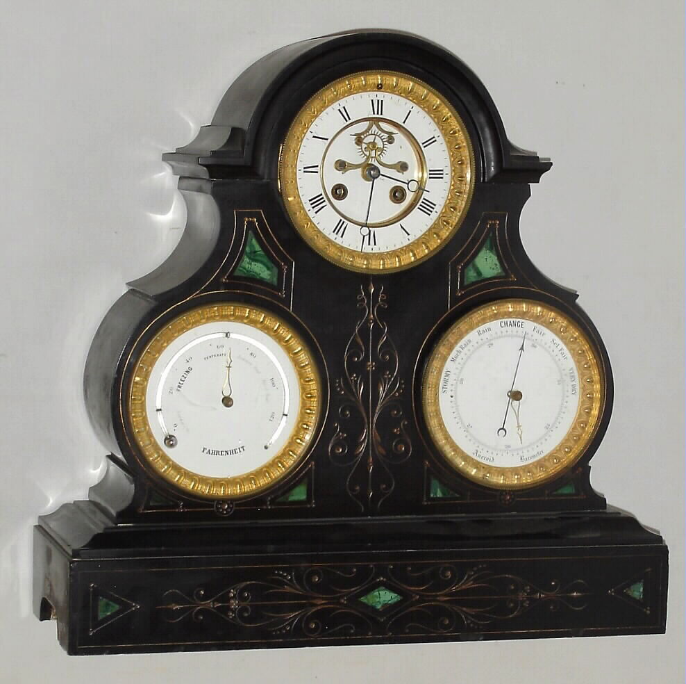 French black slate 8 day time and strike spring driven multidial mantel clock with barometer and thermometer, c1880 — Antique Clocks Price Guide