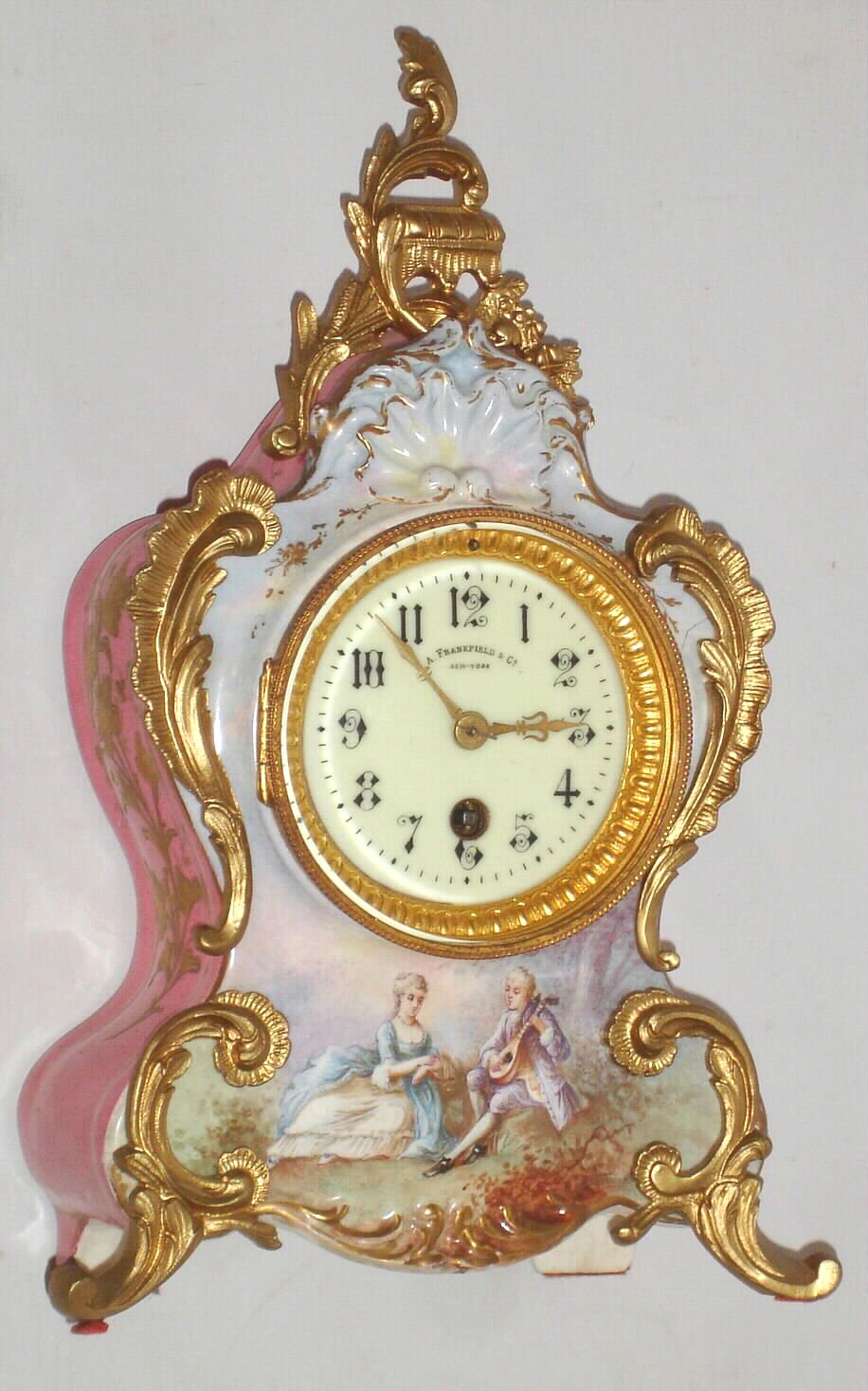 French, A. Frankfield and Co., New York, 8 day time only spring driven porcelain mantel clock, c1900 — Antique Clocks Price Guide