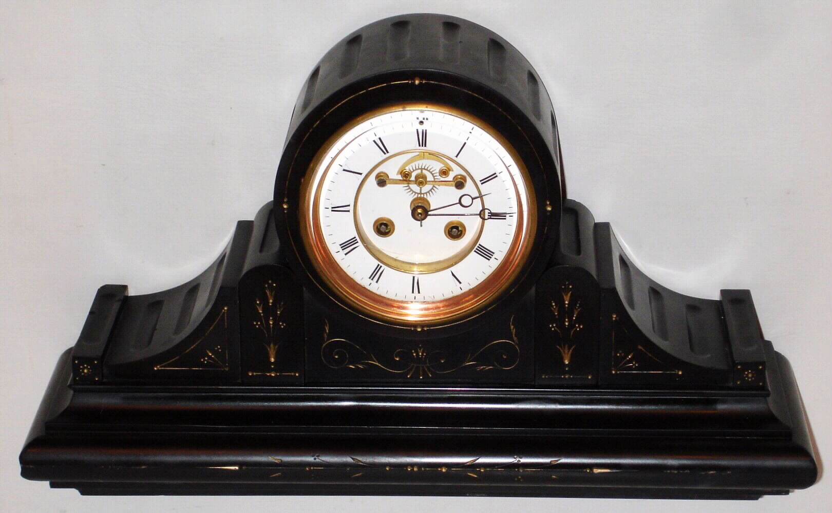 French black slate tambour drum head 8 day time and strike spring driven mantel clock, c1890 — Antique Clocks Price Guide