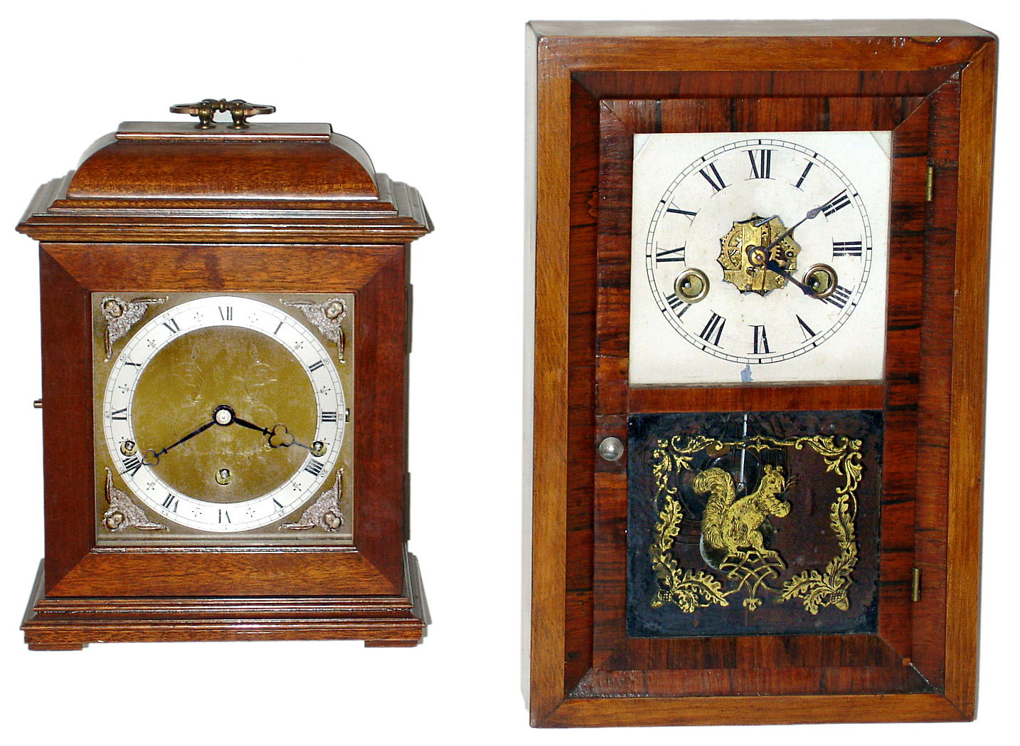 Two clocks- F.W. Elliott, Ltd., Croyden, England, Walnut 8 day double chime bracket clock, dated 1968, and Seth Thomas 30 hour rosewood/pine mini bevel front shelf clock, the "Kitchen" model, c1880. — Antique Clocks Price Guide