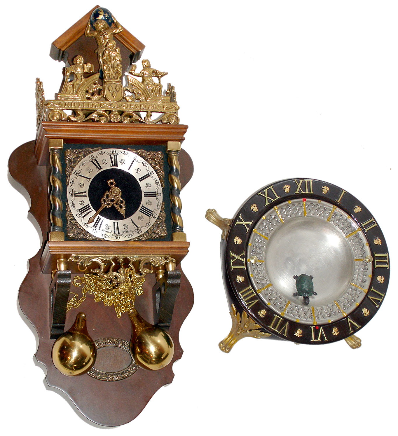 Two contemporary pieces including a modern Dutch 8 day time and strike wall clock and home made swimming turtle mystery clock — Antique Clocks Price Guide