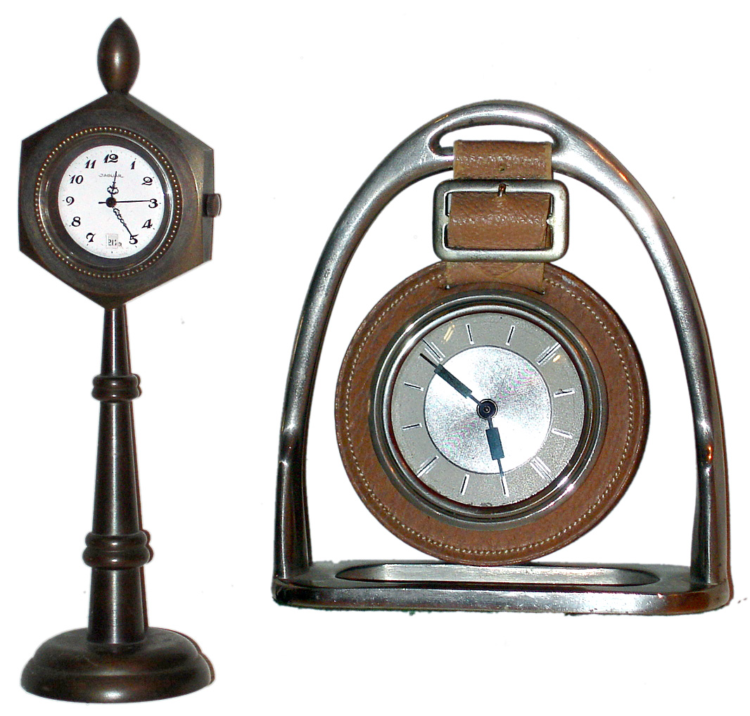 Two small 30-hour desk clocks, Jaguar Swiss mini street-clock and unsigned clock in a stirrup, later 20th century. — Antique Clocks Price Guide