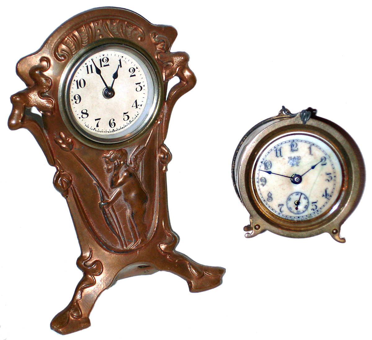 Two Connecticut 30-hour novelty timepieces, Lux and Waterbury, early 20th century. — Antique Clocks Price Guide