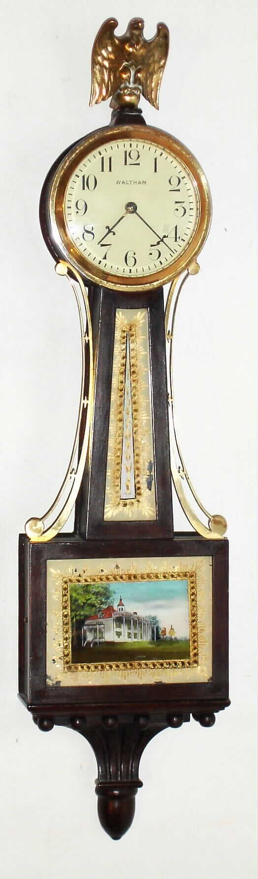 Waltham Clock Co., Waltham, Mass. mahogany 8 day spring driven miniature banjo timepiece, c1925 — Antique Clocks Price Guide
