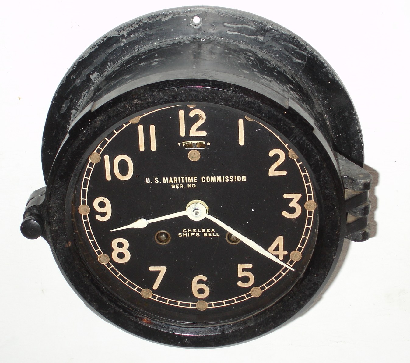 Chelsea Clock Co., Boston, 6" U.S. Maritime Commission 8 day spring driven ship's bells movement in metal case marine clock, c1944 — Antique Clocks Price Guide