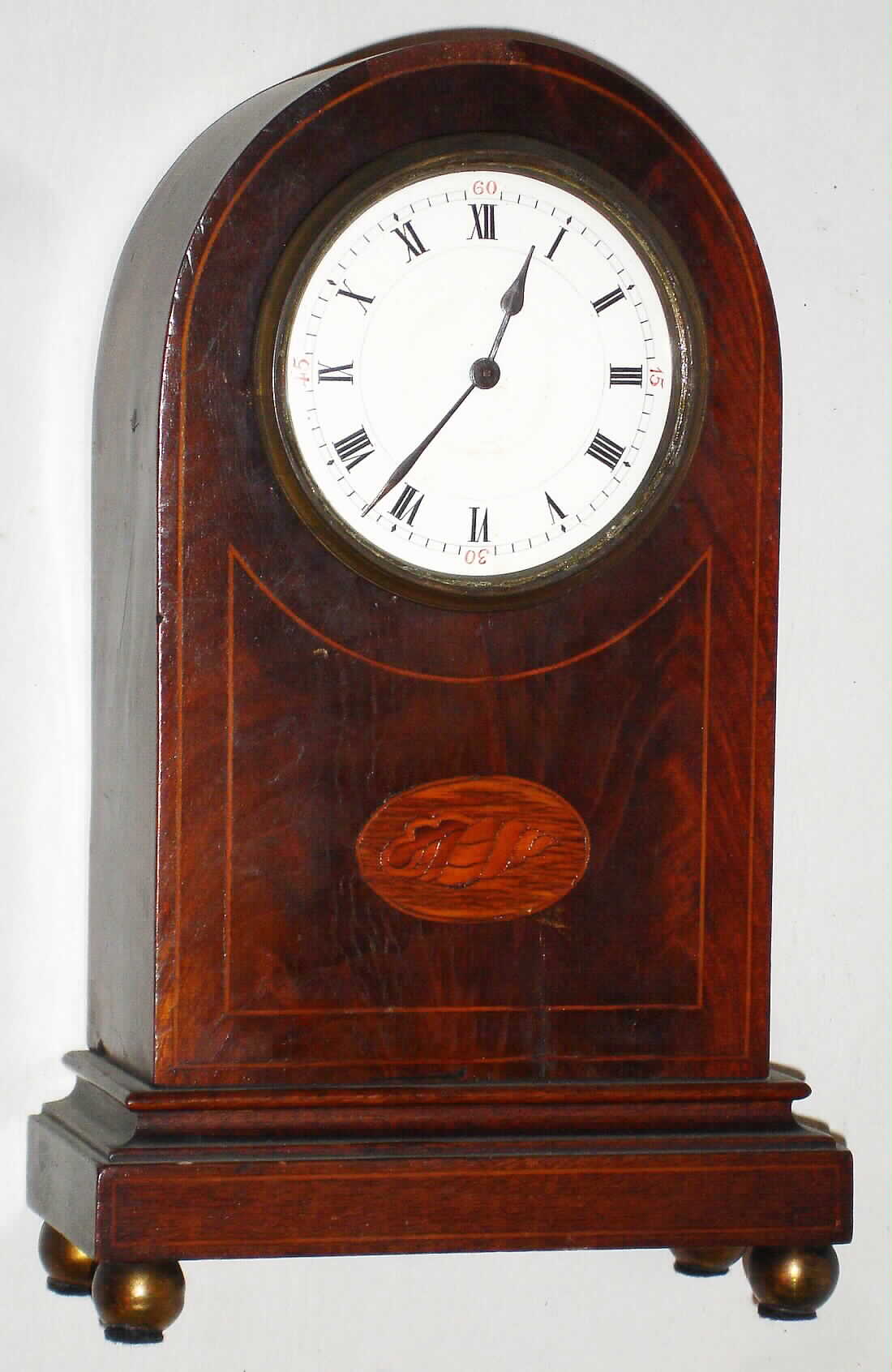 French inlaid mahogany 8 day time only spring driven shelf or desk clock, c1900 — Antique Clocks Price Guide