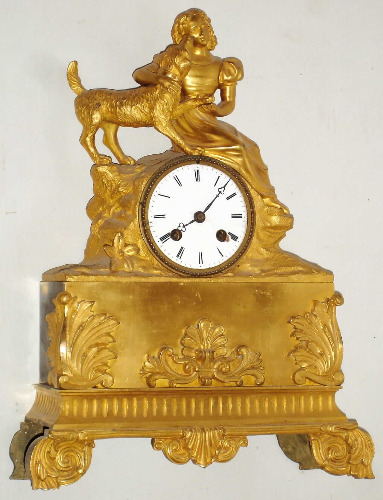 French gilt brass 8 day time andstrike spring driven figural mantel clock, c1880 — Antique Clocks Price Guide