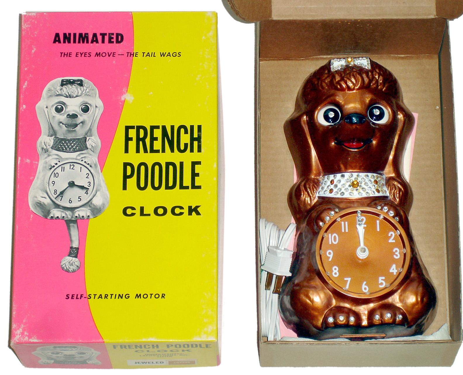 French Poodle, California Clock Co., electric animated wall clock, new in box, c1975. — Antique Clocks Price Guide