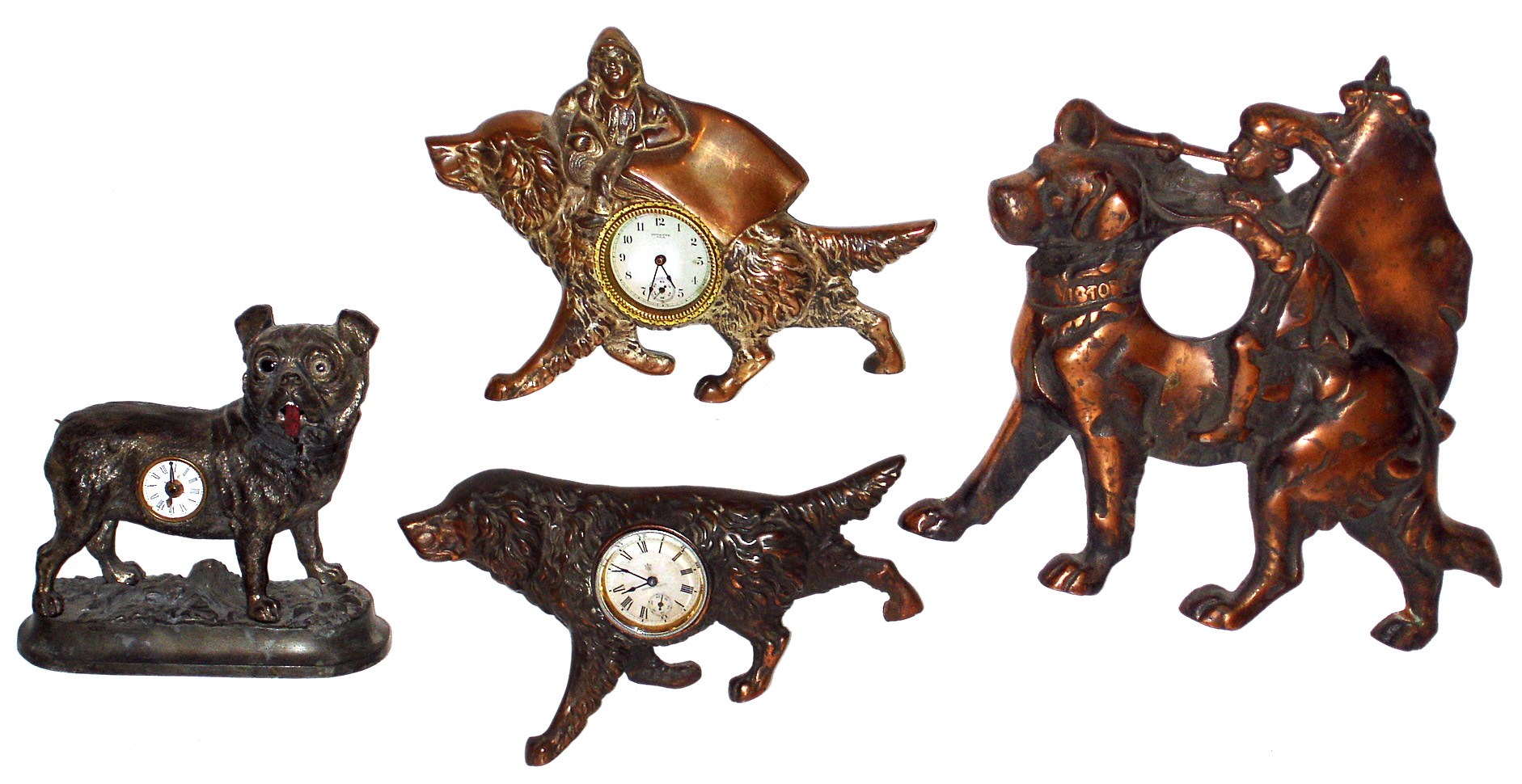 Three old dog related cast metal novelty clocks and another case only with no movement — Antique Clocks Price Guide