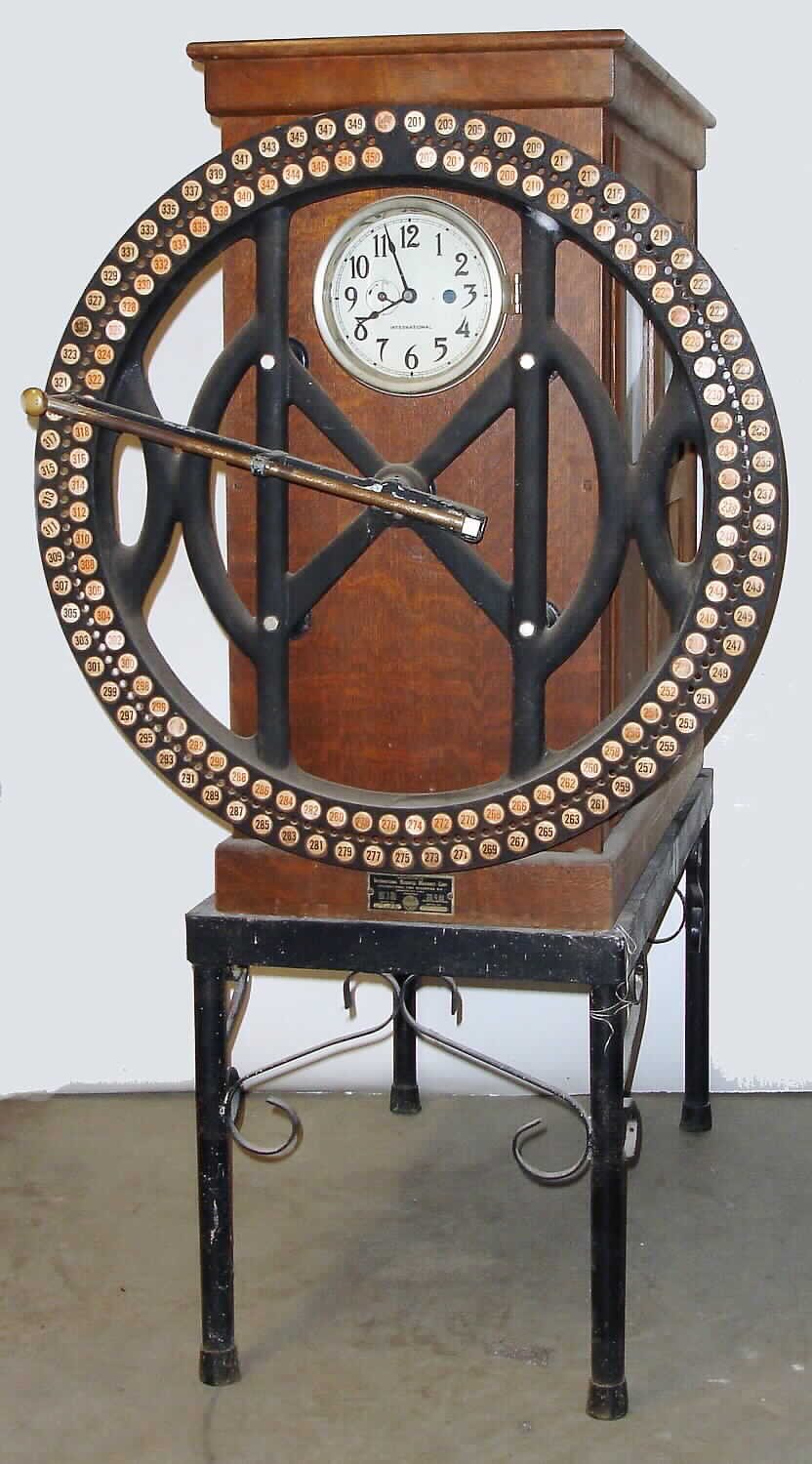 International Time Recorder clock and recording device for 100 employees, in hardwood case, on original steel stand, c1930 — Antique Clocks Price Guide