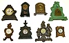 Eight cast-metal novelty clocks. Includes heavy detailed castings by Western, Waterbury, etc.