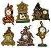 Six large cast-metal novelty clocks. Includes 8-day cuckoo style, lamp top with reclining woman, Jennings, "Commerce", Terry time/alarm and lady bugler.