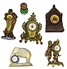 Six novelty timepieces. Includes mini pedestal sundial, Terry time/alarm architectural with rear paper label, Lux white elephant, Gilbert, New Haven, and Seth Thomas Nouveau.