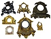 Seven decorative clock cases. Includes one nice small China, large gold, drinking cavalier, etc.