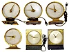 Six electric mystery clocks. 4 Jefferson Golden Hour clocks (one glass broken, one missing its red bottom cover), 2 square style (one missing its base and motor).