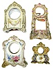 Four decorated China clock cases. Royal Bonn "La Teste", "38" with wood bottom, small cobalt blue, and electric with bulb and motor.