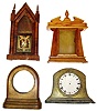 Four wood clock cases. Includes steeple with nice glass, solid oak round top oak cabinet and bronzed mantle.