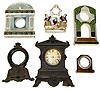 Six clock cases including three hand painted Chinas (one repaired), one small wood, 2 cast metal (one with dial)