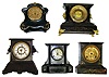 Five Black Iron Connecticut Mantel Clocks. Includes Ansonia visible escapement, MOP inlay, and Waterbury.
