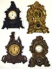 Four Connecticut 8-day figural iron fronts Detailed castings, one with drum playing rabbit. One by Ansonia Brass and Copper. Largest, by Welch and missing its dial, is 19" high.