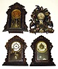 Four 8-day Connecticut cast metal front mantel clocks. Two of the same model with leaves, one with drum pendulum and nice glass, largest with birds and multicolor flowers is 17" high.