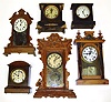 Six wood case 8-day mantel clocks. 1 Asian with full label of Japanese letters on back, 3 Seth Thomas (1 long-alarm), 1 Ansonia, etc. Tallest is 23" high.