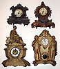 Four cast metal 8-day clocks. Detailed and decorative. Largest is 21" high.