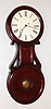 "Baltimore Banjo" attributed to George D. Hatch wall clock 8 day time only weight driven movement in highly stylized mahogany case with bold mahogany side arms pendulum aperture and painted metal dial, c1860