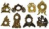 Eight cast-metal clock cases. Includes ship doorstop.