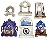 Three China novelty clocks, three China cases (six pieces total). Colorful cases, 3 complete clocks have pin pallet movements.