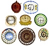 Eight novelty wall clocks. Includes Presidential plate with LBJ on top, colorful plate with visible movement, Hamburg-American, and heavy cast metal with Asian (?) hour symbols.